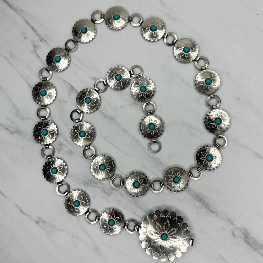 Womens Western Faux Turquoise Concho Chain Belt Silver Tone Small/Medium (S/M) ✨