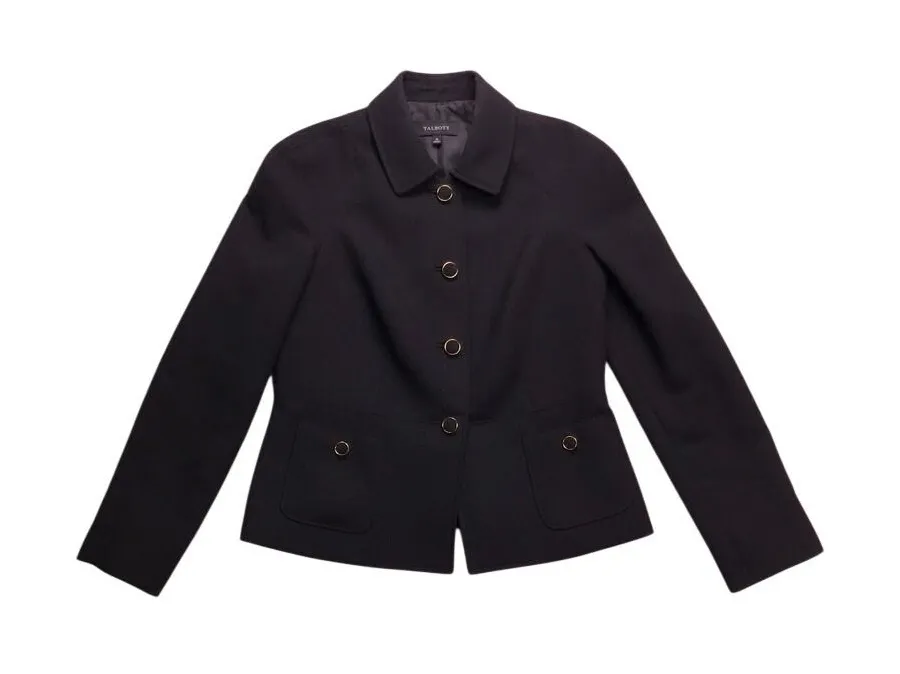 Talbots Wool Blend Blazer Women 10 Black Gold Button Collared Professional