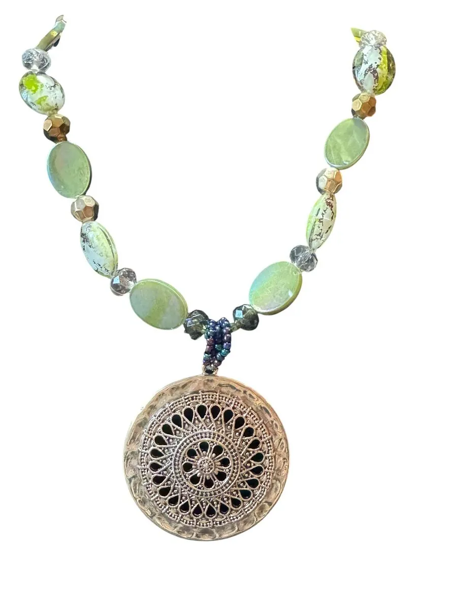 Handmade Multicolor Beaded Statement Necklace with Filigree Green