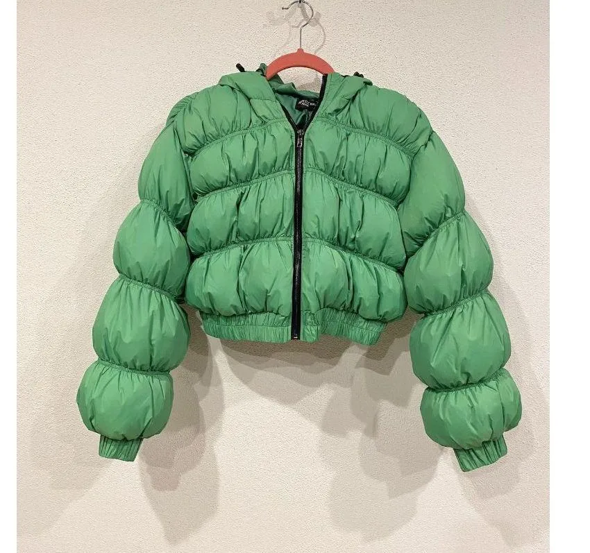 PrettyLittleThings Puffer Jacket Womens XL Green Cropped Hooded Petite Bubbl NWT