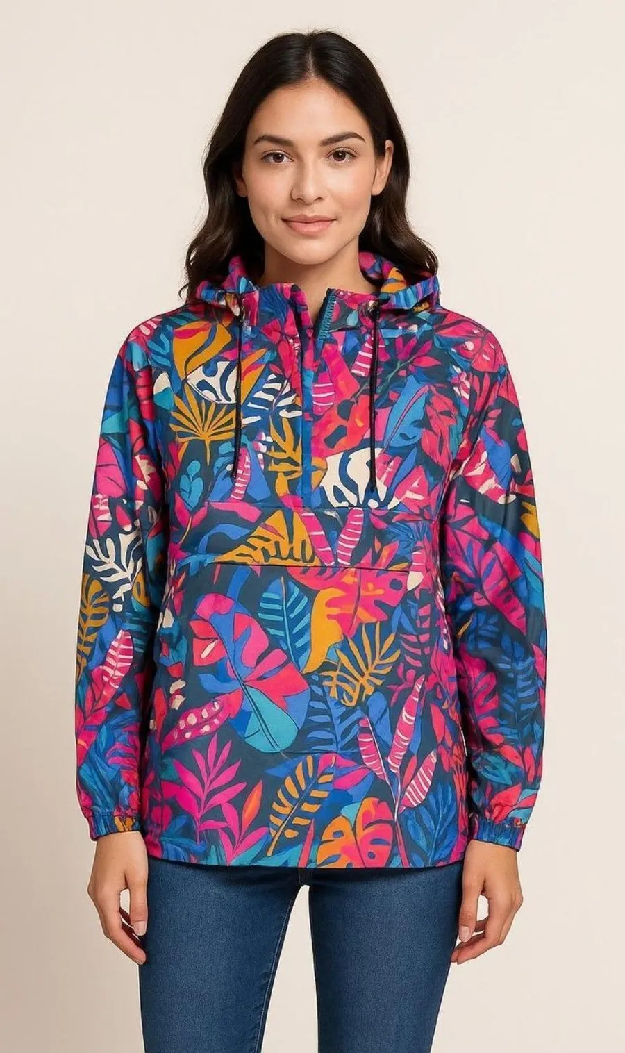 Lauren James Tropical Floral Half Zip Windbreaker Hooded Rain Jacket Size M