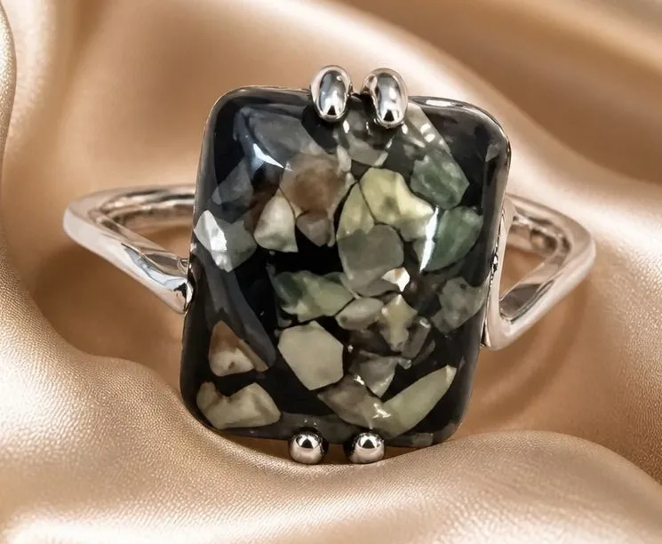Gorgeous Stainless Steel Silver w/ Gorgeous Frosted Multi Color Gemstone Size 9 Black