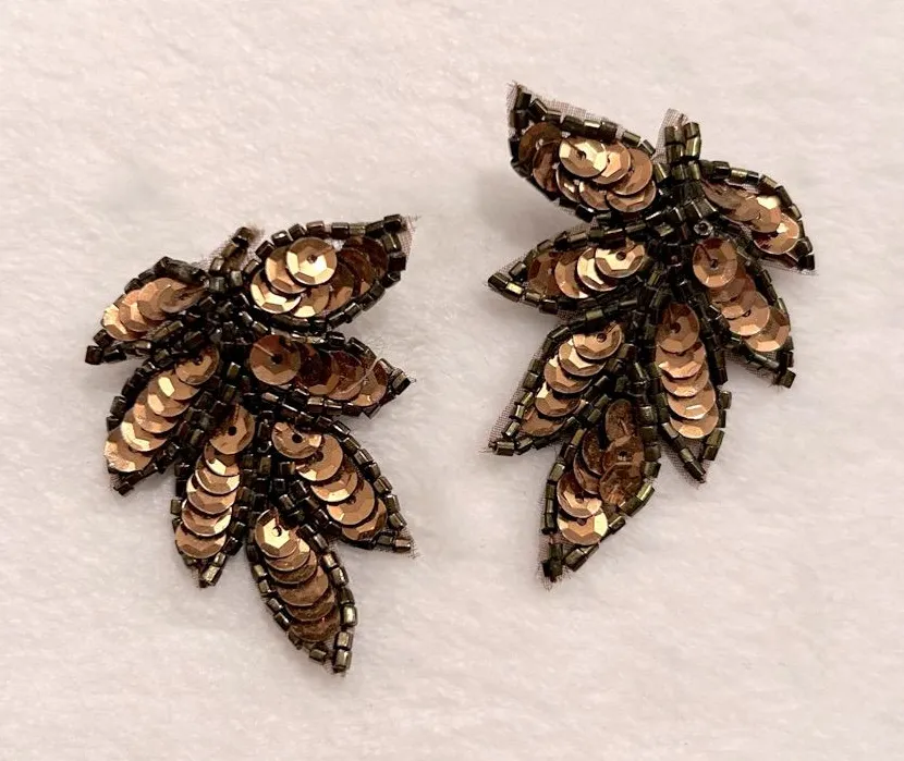 Bronze Sequin Beaded Leaf Statement Earrings Copper Metallic Botanical Studs Brown
