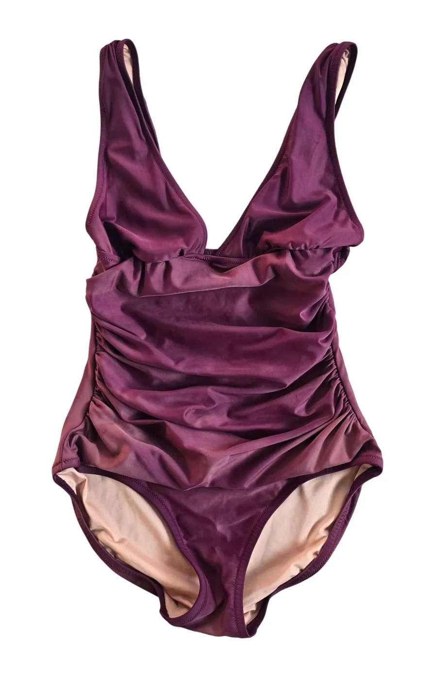 J. Crew One Piece Swimsuit Ruched Tummy Control V Neck Plum Tie Dye Size 6