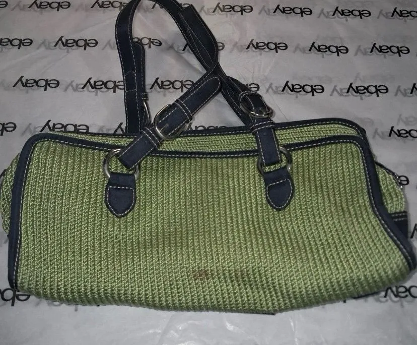 The Sak Green Woven Satchel Purse W/ Navy Blue Trim Vintage Boho Style Handbag