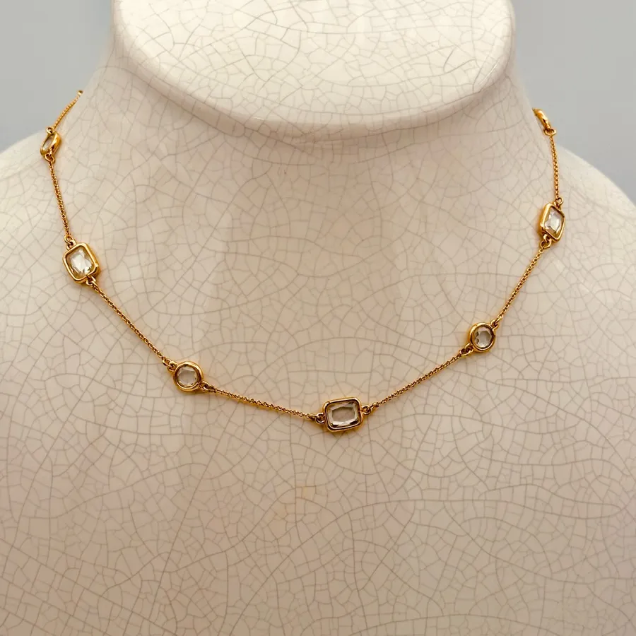 Kate Spade New York Gold Tone Clear Crystal Station Necklace Emerald & Round Cut
