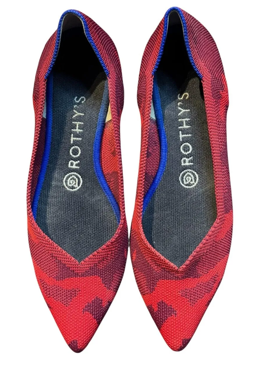 Rothy's The Point Shoes Womens Size 7.5 Red Purple Camo Flats Knit Washable Eco