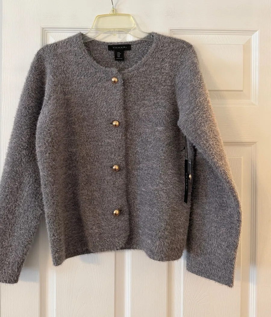 Tahari Gray Fuzzy Cardigan with Gold Buttons size M length 23” bust 36” new