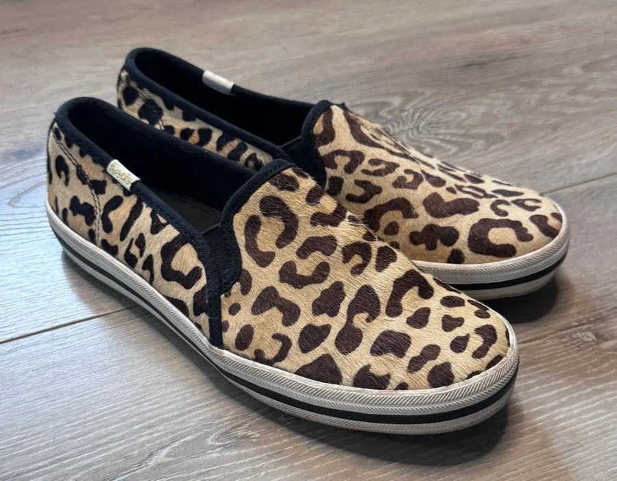 Keds x Kate Spade Leopard Calf Hair Triple Decker Slip On Sneakers Size 6.5 Tan
