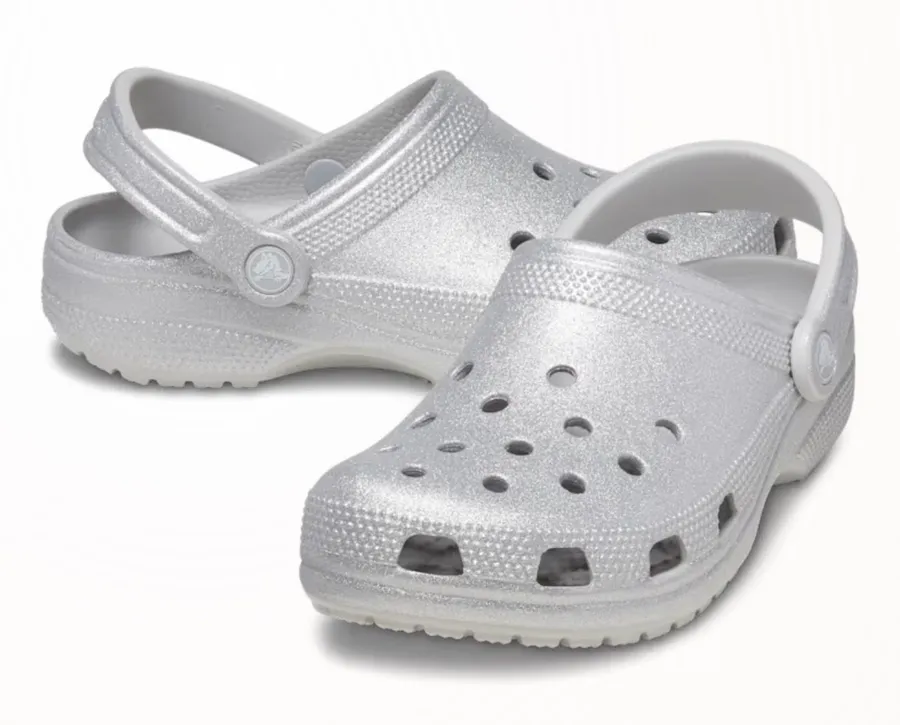 Crocs Classic Silver Glitter Clogs Slip On Rubber