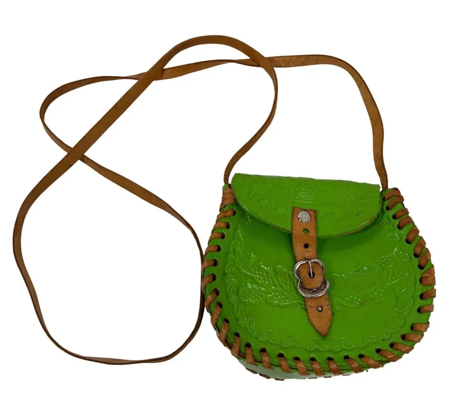 Vintage Mexican Tooled Leather Crossbody Bag Lime Green Whipstitch Boho Mini