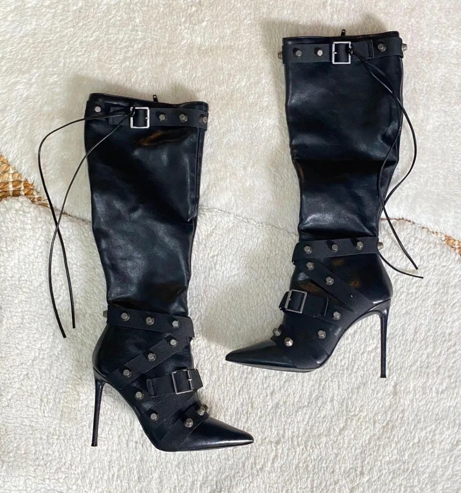 Steve Madden Fink Black Faux Leather Strappy Studded Knee High Boots