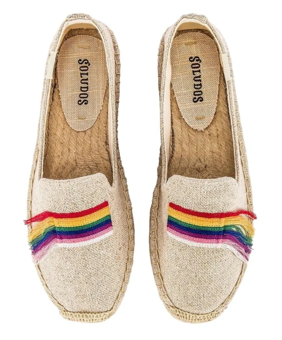 SOLUDOS Pride Smoking Slipper in Sand Rainbow Striped Espadrille Flats Tan 9