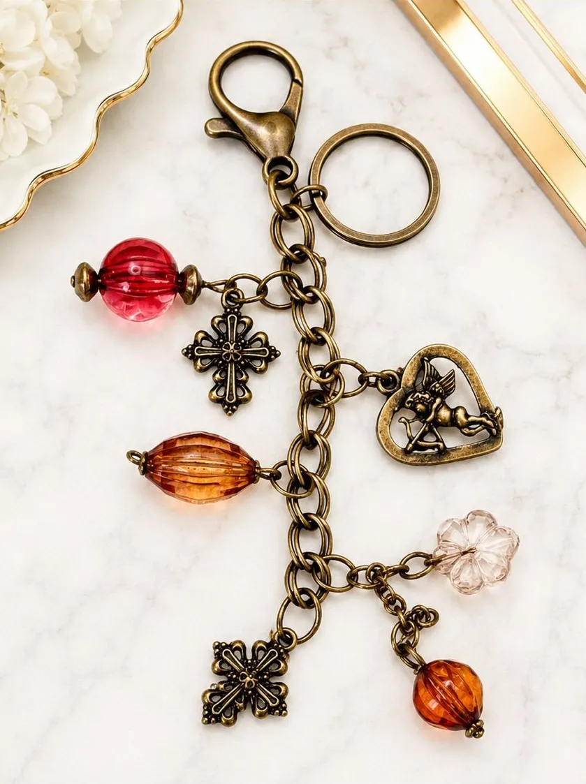 NEW One of a Kind Cherub Heart Bronze Bag Charm | Handmade Purse Charm Keychain