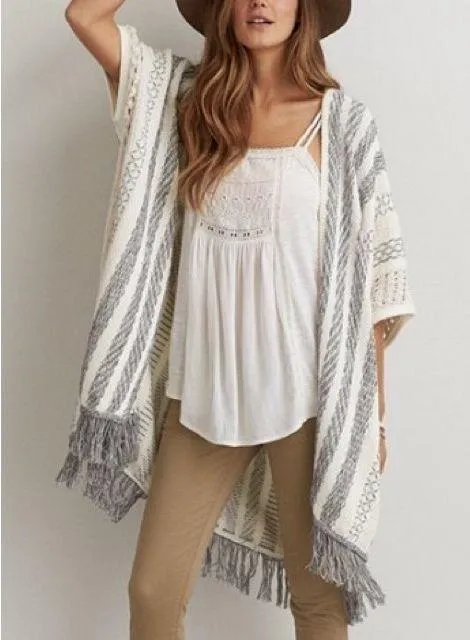 AEO Short Sleeve Oversized Fringe Knit Shawl Cardigan