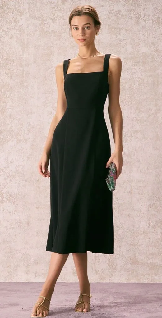 Rihoas Black Square Neck Sheath Midi Dress