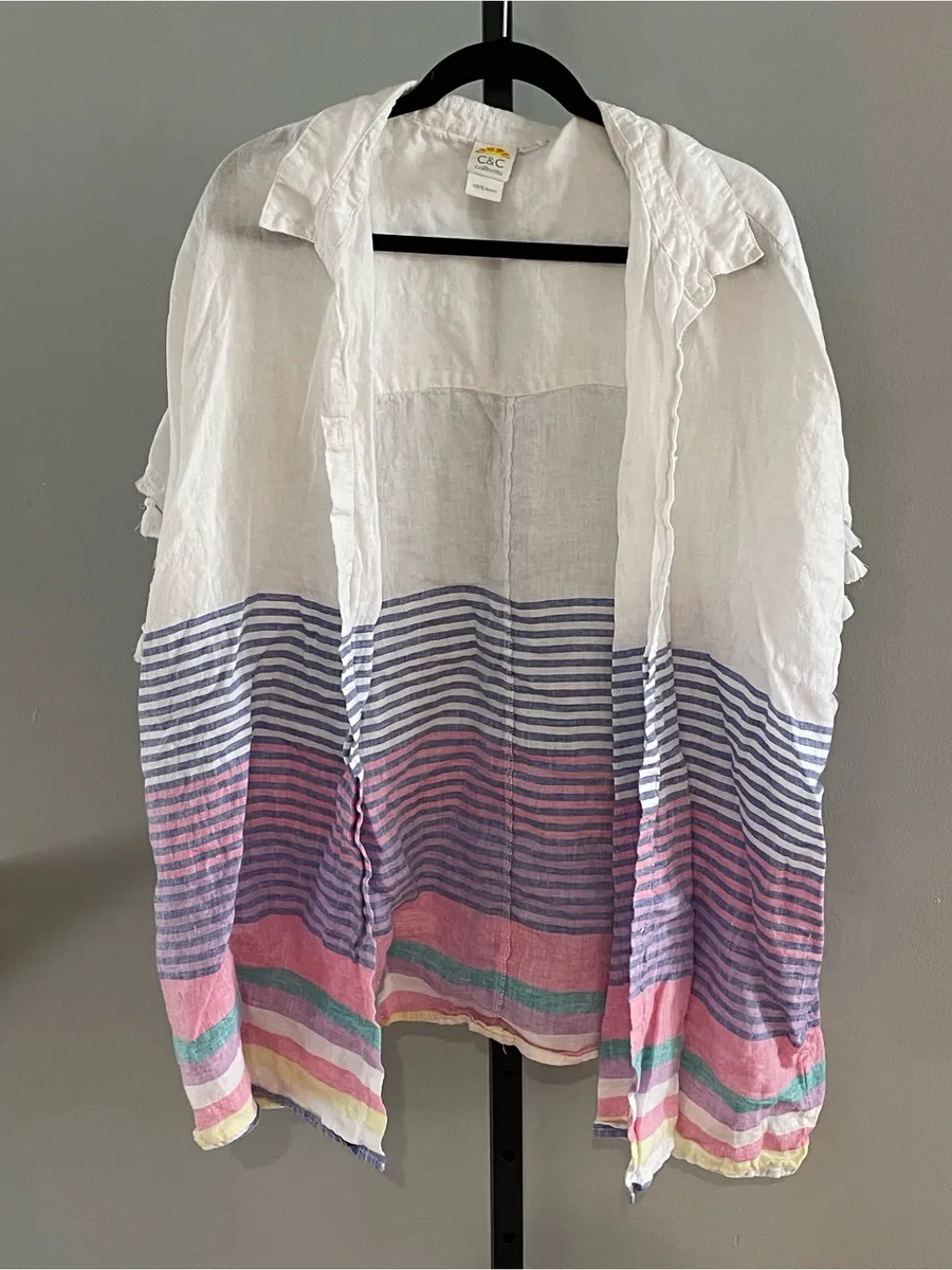 C&C California Striped 100% Linen Swim Coverup Kimono Size XL