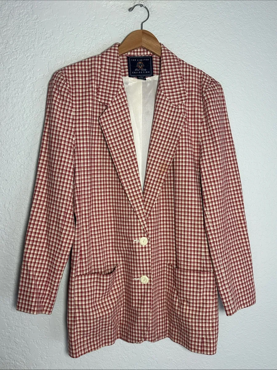 Vintage The Limited Red Checked Blazer Linen Summer 90s Preppy Oversized Pockets