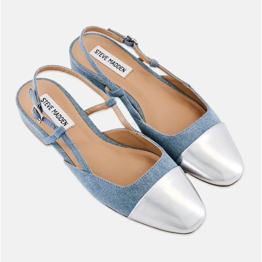 Steve Madden Belinda Adjustable Buckle Sling Back Flats Denim Silver Size 6