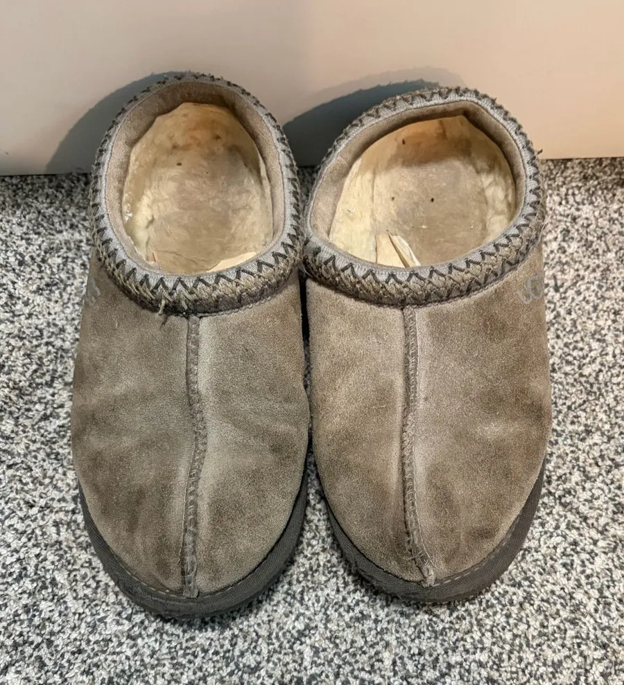 UGG Gray Suede Shearling-Lined Clog Slippers