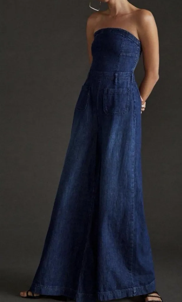 Anthropologie, Pilcro The Skipper denim strapless Wide Leg jumpsuit Size 4 Boho