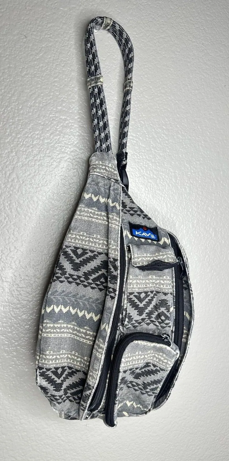 KAVU Gray Rope Sling Backpack Canvas Crossbody Travel Bag Geometric Women