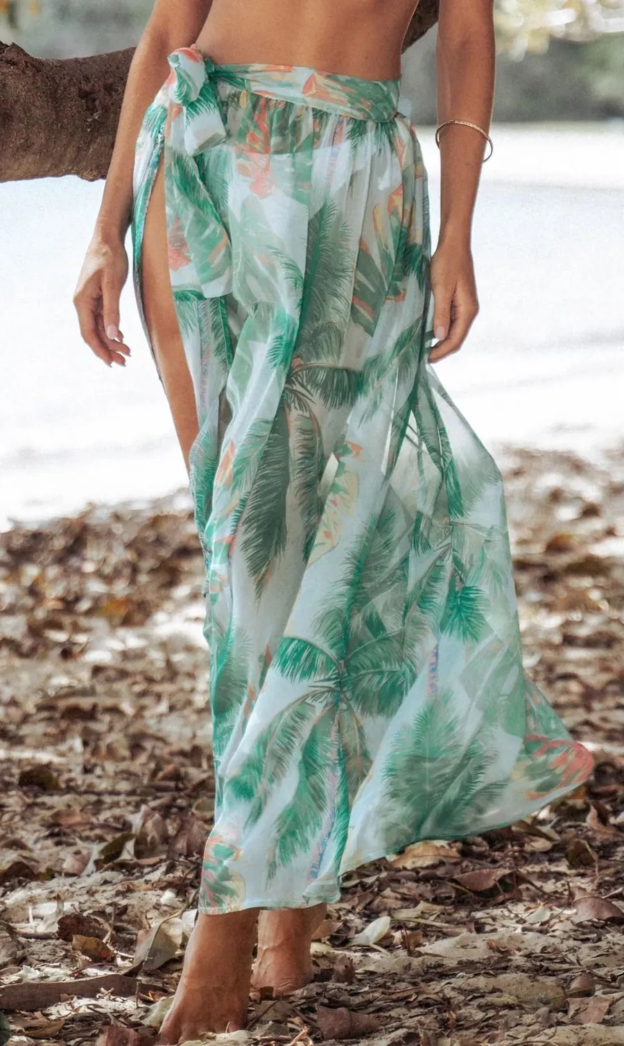Cupshe Tropical Palm Print Sheer Sarong Maxi Wrap Skirt Green Small