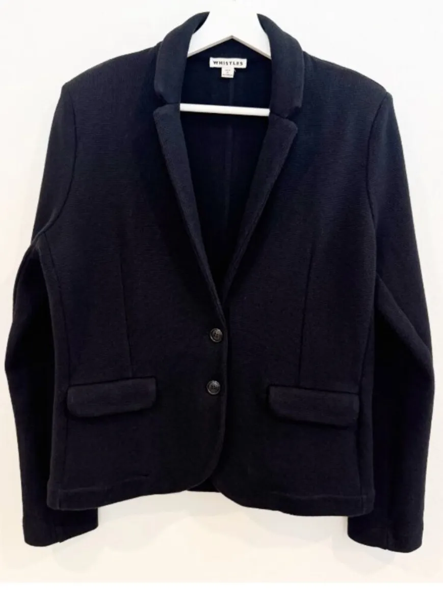 Whistles Blazer Size 10 Navy Blue Soft Cotton Jersey Knit Slim Dark Academia