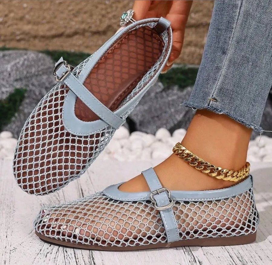 Light Blue Mesh Mary Jane Flats - Women