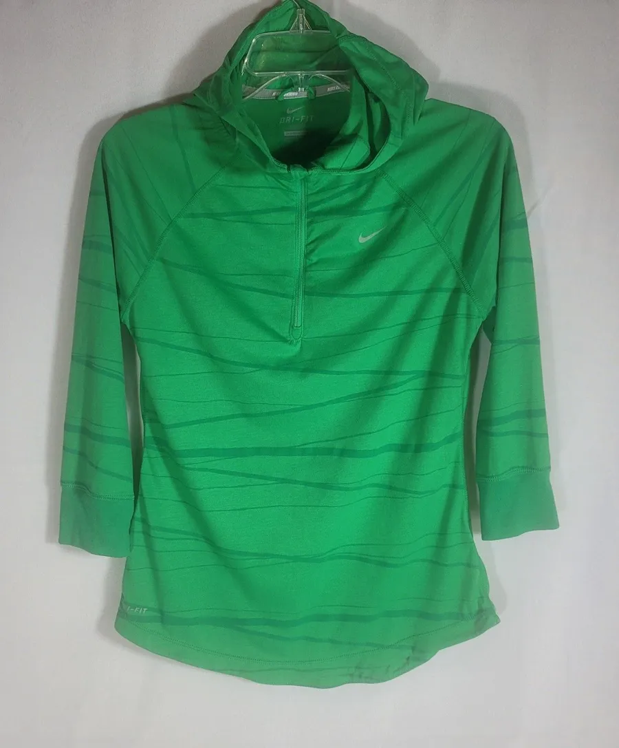 Nike DriFit Women's 1/4 Zip Running Hoodie Green Striped Pullover Hooded Shirt M