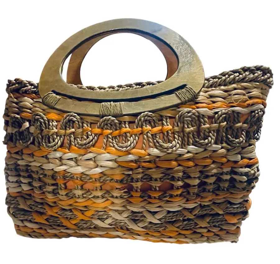 Cappelli Straworld Woven Raffia Handbag Orange Tan Boho Wood Handle Tote Bag