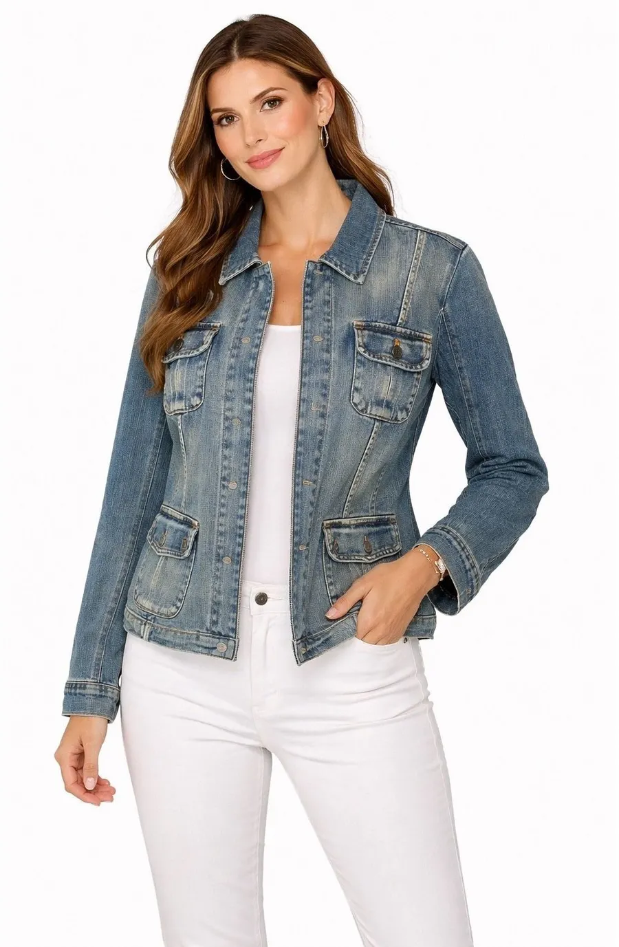 Talbots Denim Jacket Womens 10 Petite Blue Zip Front Retro Preppy Outdoor