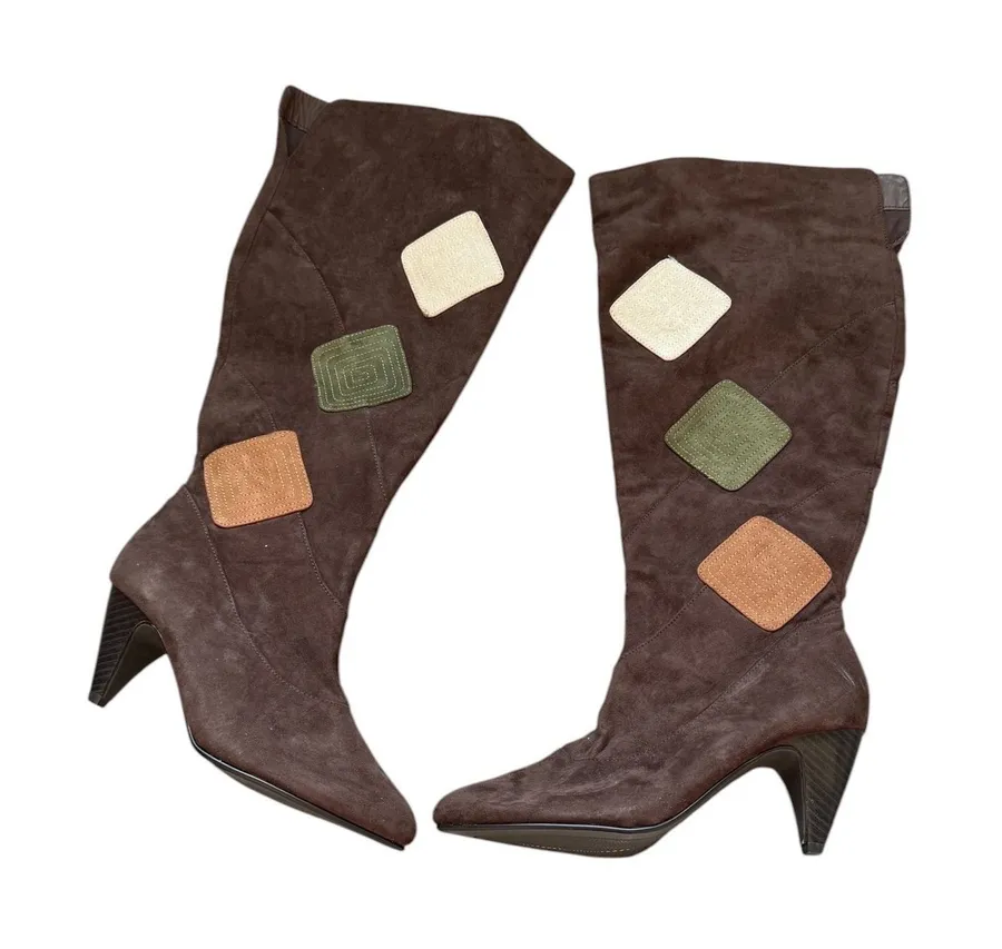 Comfortview Knee High Boots Womens 7WW Brown Faux Suede Patchwork Boho Y2K
