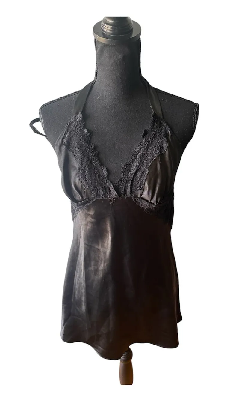 Frederick’s of Hollywood Black Satin Lace Halter Chemise Lingerie Size L Sexy