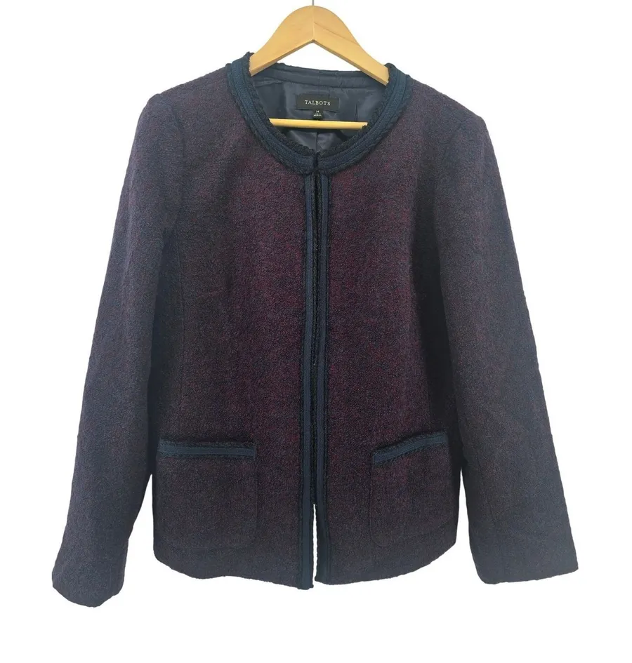 Talbots Wool Jacket Womens 14 Marled Tweed Burgundy Navy Braided Trim NEW
