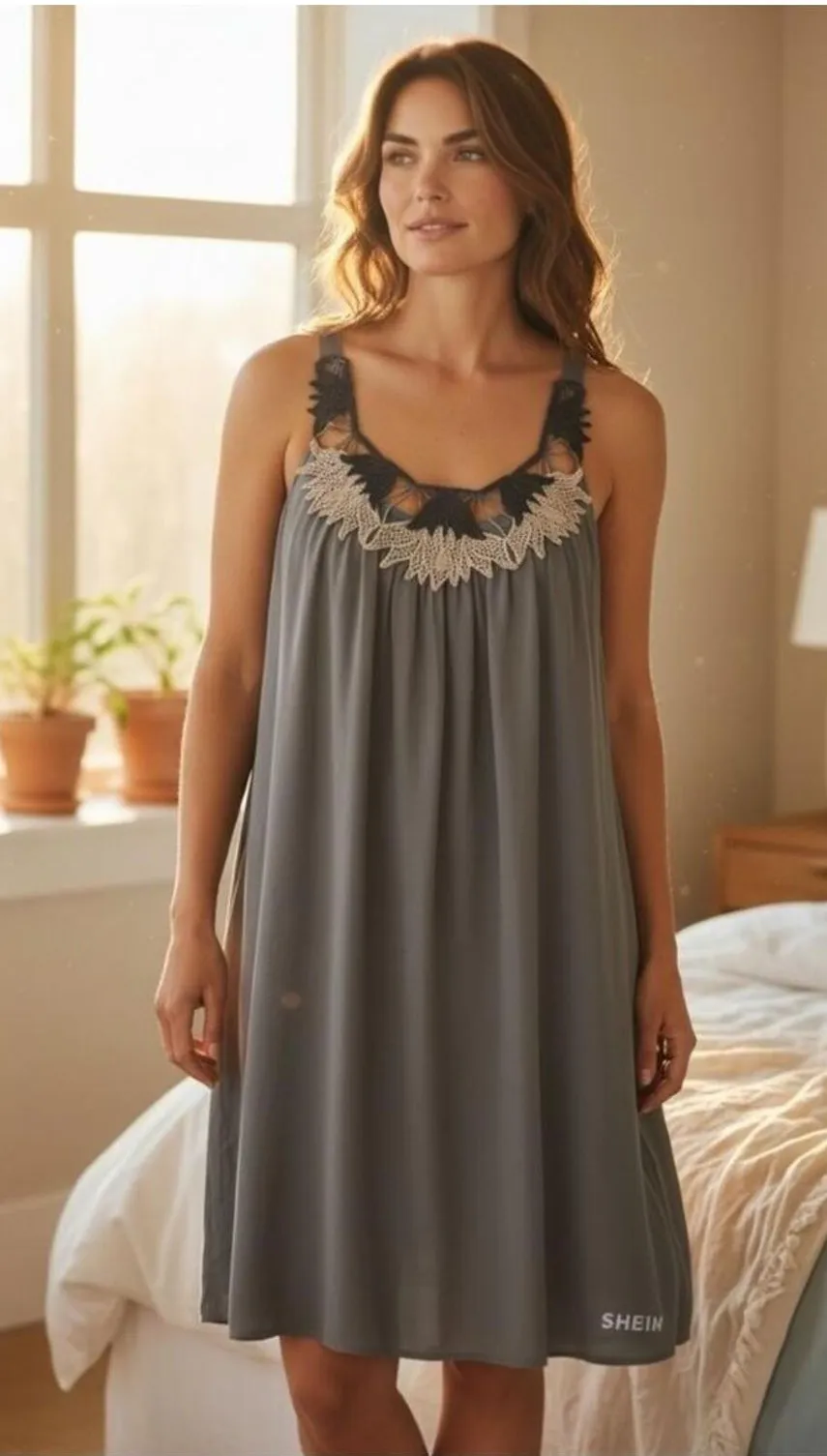 Elizabeth Gillett NYC Charcoal Lace Accent Chemise Nightgown Gray Size L