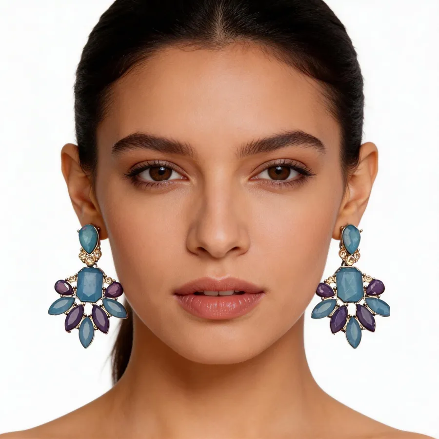 Vintage Blue Jeweled Earrings Rhinestone Statement