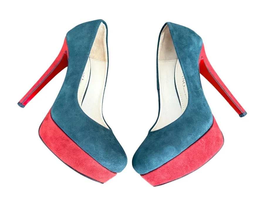 Vicino Teal and Red Suede Platform Pumps Round Toe Stiletto Heels Size 37 Green