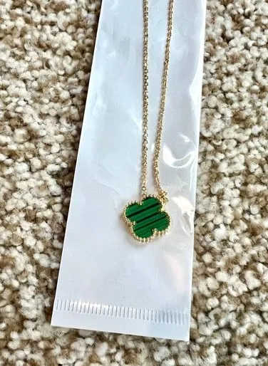 Green Quatrefoil Necklace Four Leaf Clover Gold Plated