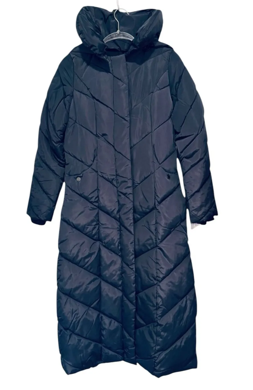 Steve Madden Long Chevron Maxi Puffer Coat Navy XS NWT