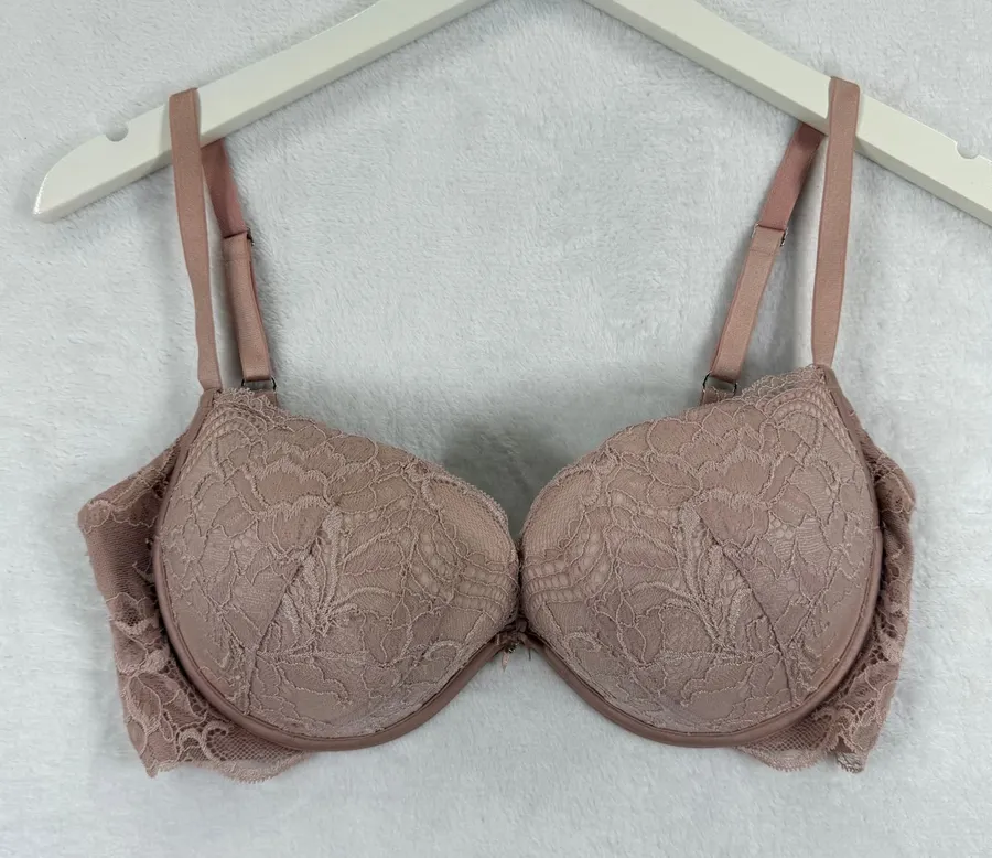 Victorias Secret Plunge Bra 34D Dusty Rose Pink Floral Lace Padded Underwire