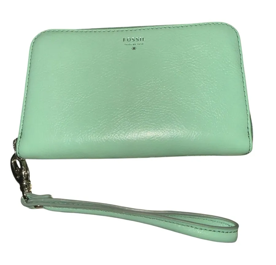 Fossil Sydney Blue Green Pebbled Leather Zip-Around Wristlet Wallet Card Holder