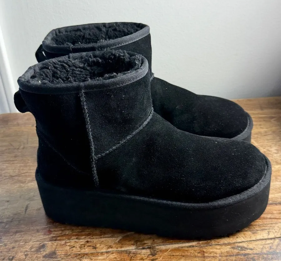UGG Classic Ultra Mini Platform Boots Black Suede Ankle Booties