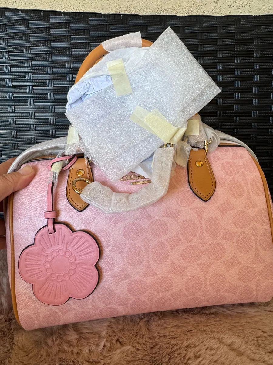 Coach Rowan Satchel Bag Signature Canvas With Charms Gold/Powder Pink CEA18 NWT