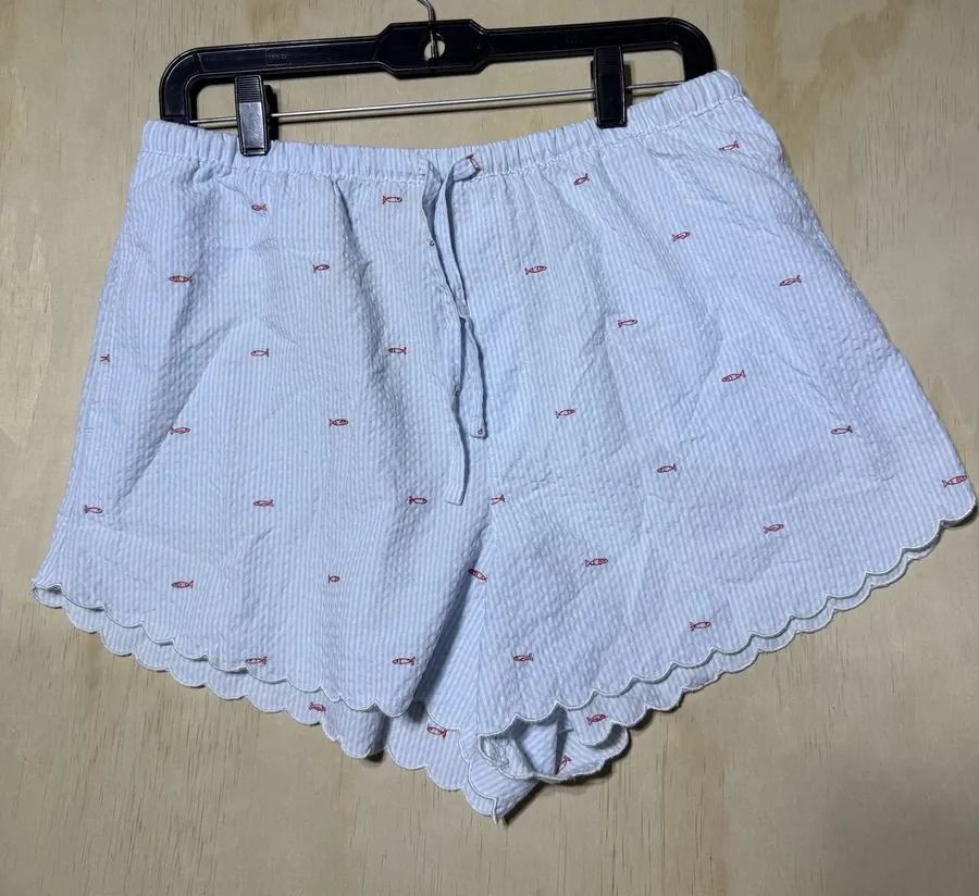 Auden Womens M Blue White Striped Seersucker Pajama Shorts Fish Embroidered Size M
