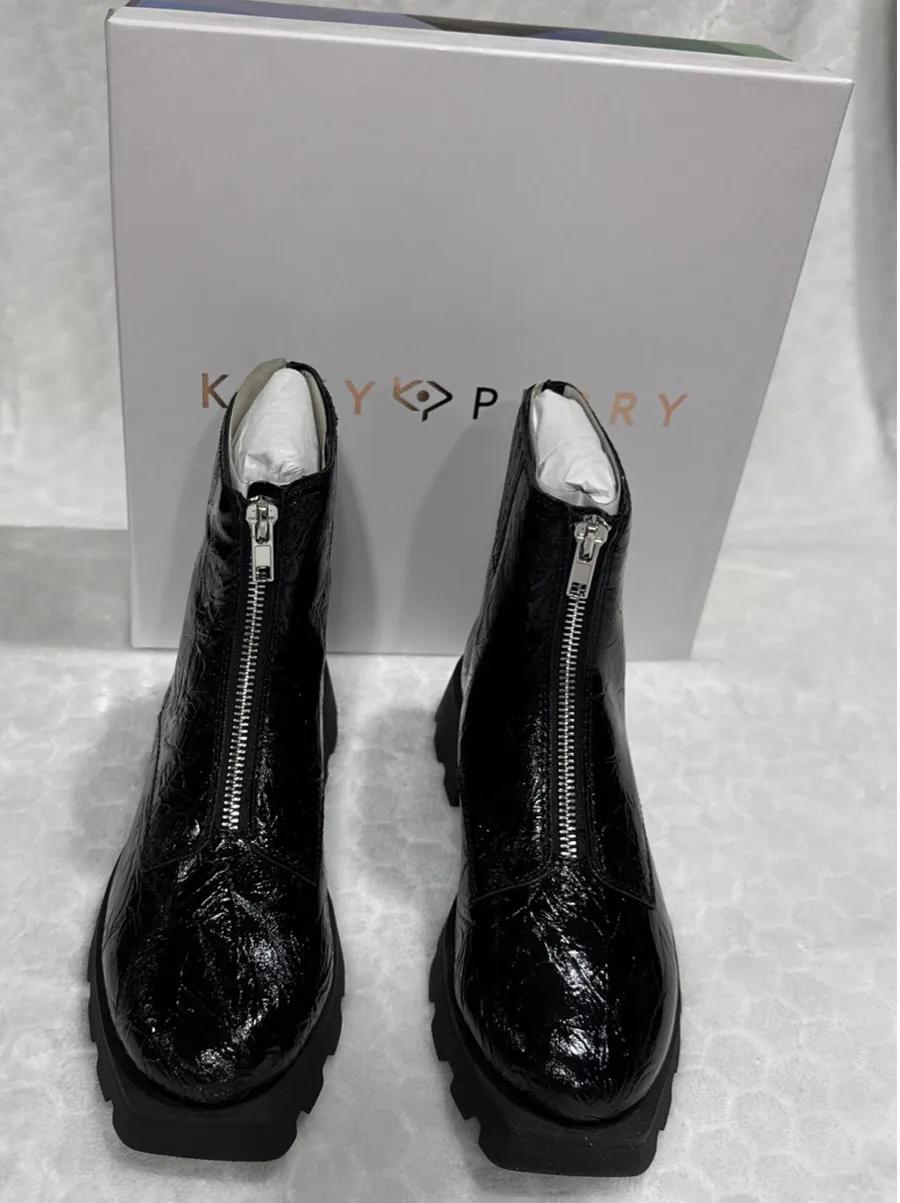 Katy Perry Combat Ankle Boots Black Floral Embossed Zip Up Chunky Womens Size 5