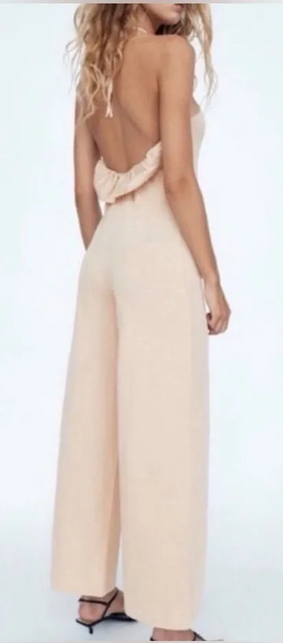 Zara Neutral Halter Backless Wide-Leg Jumpsuit M