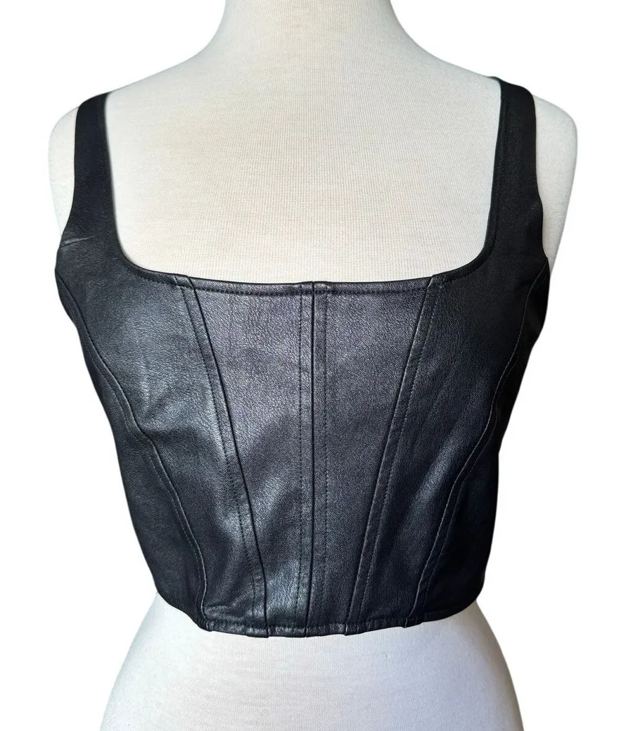 Amanda Uprichard Black Faux Leather Crop Tank Top Size Large