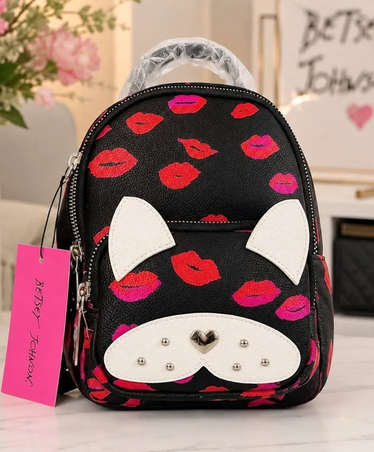 Betsey Johnson Lip Print Puppy Mini Backpack Dog Face NWT Pink
