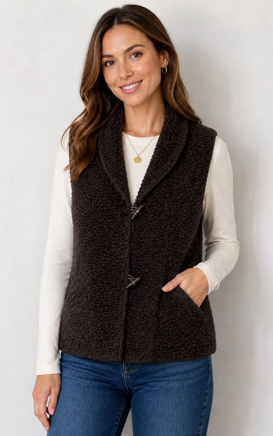 OLSEN Vest Womens Size 10 Brown Sherpa Fleece Toggle Closure Warm Layering Piece